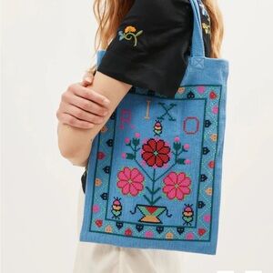 RIXO‎ Noora Cotton Bag Terra Cross Stitch Embroidery Blue NWT
